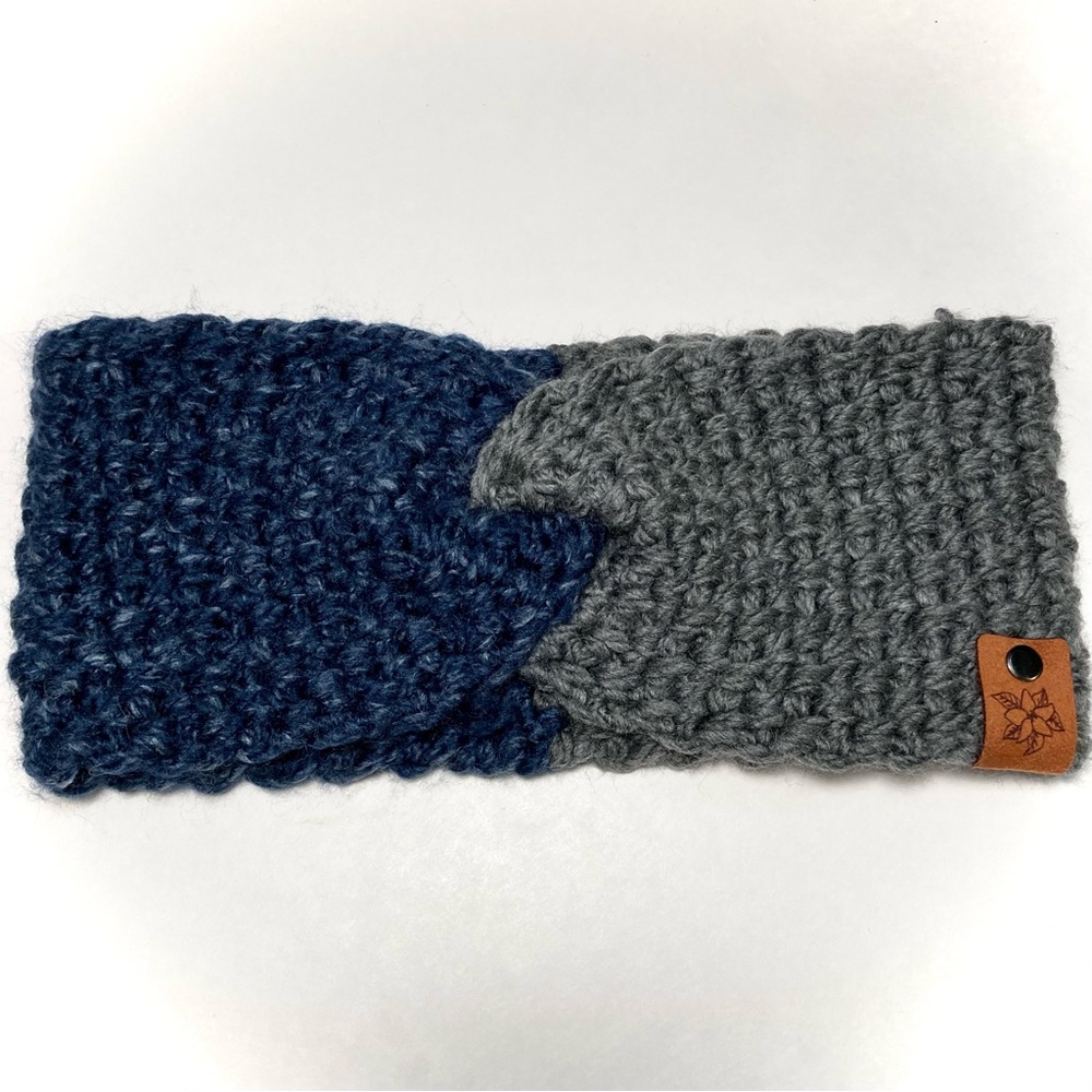 Headband Ear Warmer handmade crocheted navy blue gray twist turban acrylic